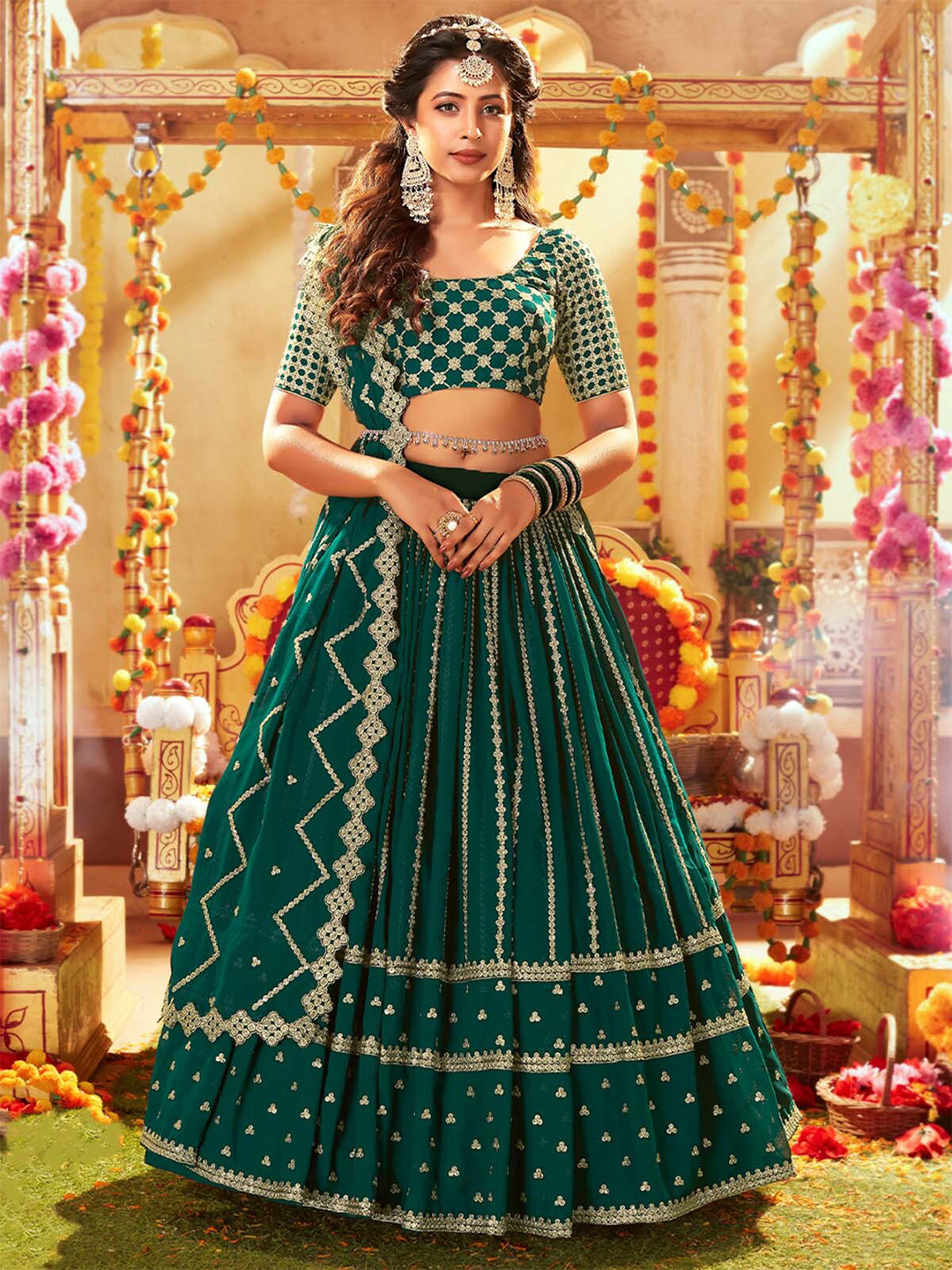 

ODETTE Embroidered Thread Work Semi-Stitched Lehenga & Unstitched Blouse With Dupatta, Green
