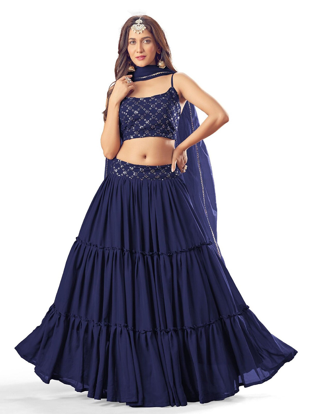 

ODETTE Embellished Sequinned Semi-Stitched Lehenga & Unstitched Blouse With Dupatta, Navy blue