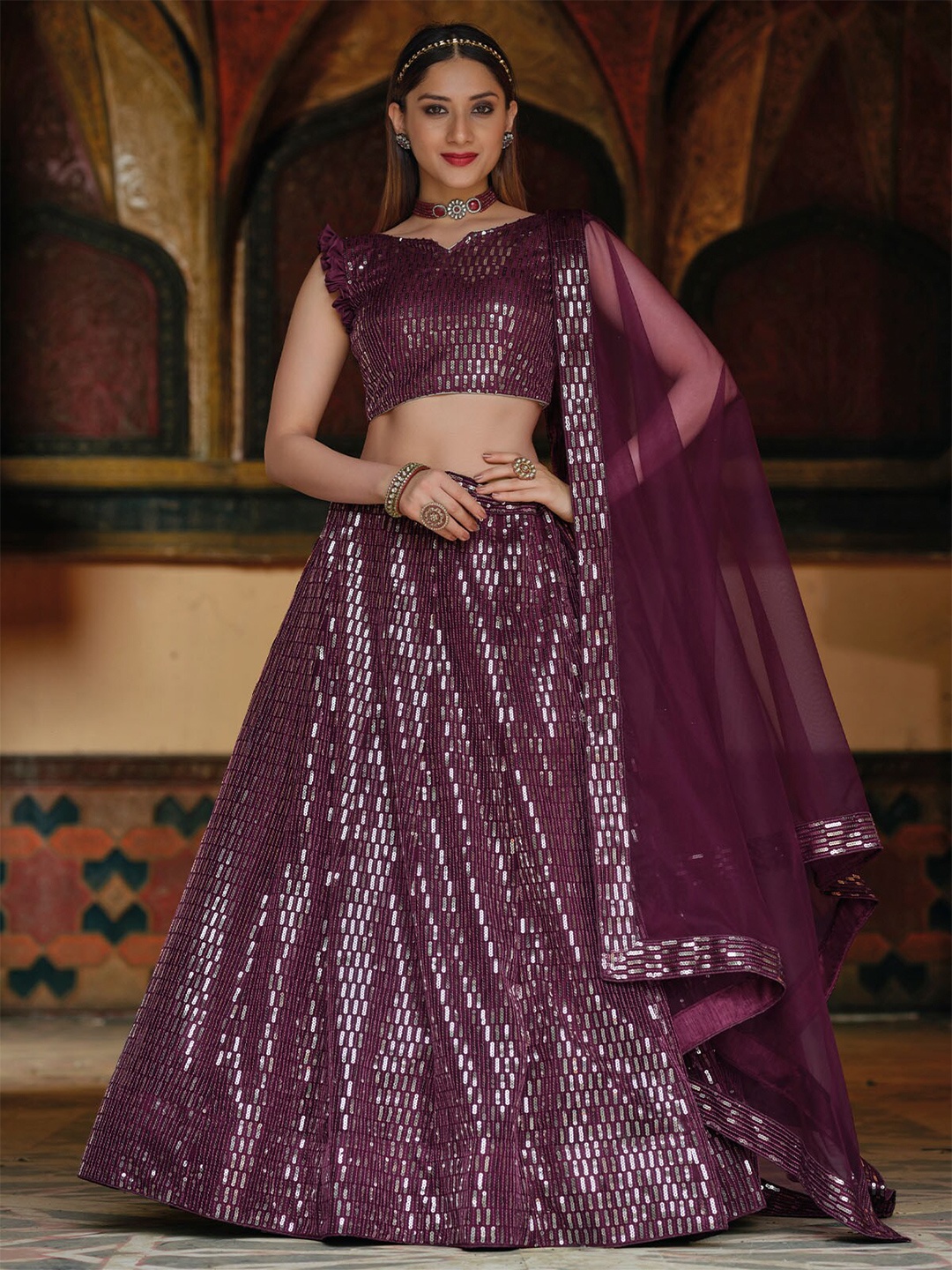 

ODETTE Embellished Sequinned Semi-Stitched Lehenga Choli With Dupatta, Violet