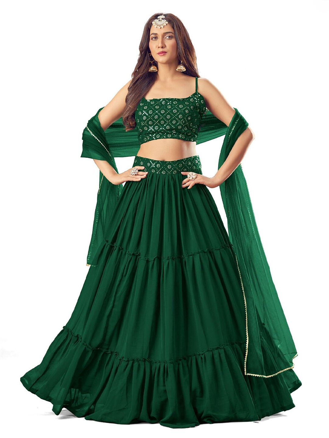 

ODETTE Sequinned Embellished Semi-Stitched Lehenga & Unstitched Blouse With Dupatta, Green