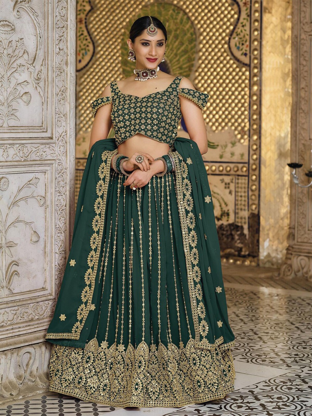 

ODETTE Embroidered Thread Work Semi-Stitched Lehenga & Unstitched Blouse With Dupatta, Green