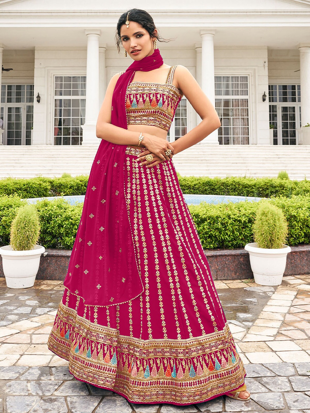 

ODETTE Embroidered Sequinned Semi-Stitched Lehenga Choli With Dupatta, Magenta
