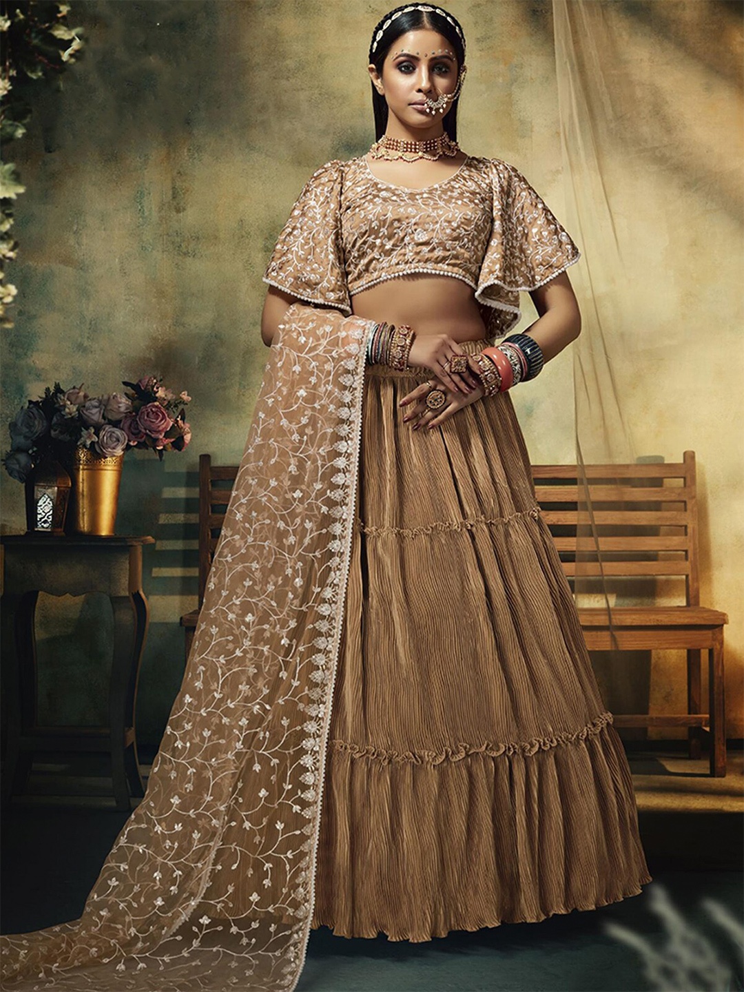 

ODETTE Embroidered Thread Work Semi-Stitched Lehenga & Unstitched Blouse With Dupatta, Beige