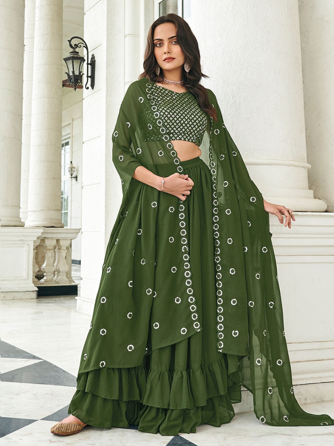 

ODETTE Embellished Sequinned Semi-Stitched Lehenga Choli With Jacket, Green