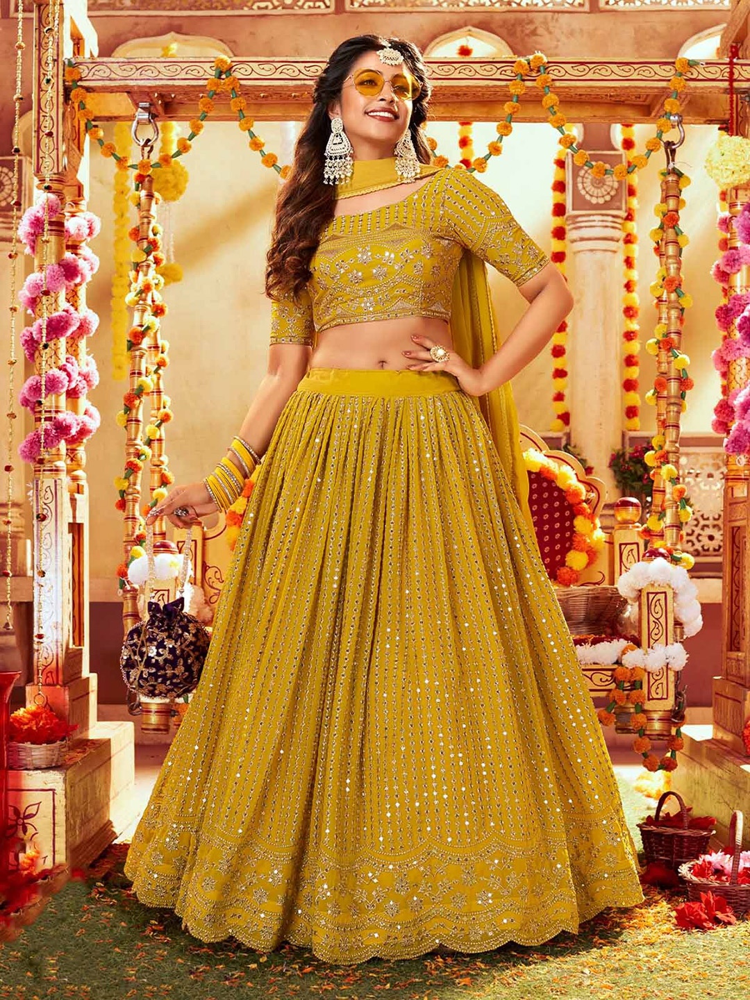 

ODETTE Embellished Mirror Work Semi-Stitched Lehenga & Unstitched Blouse With Dupatta, Mustard