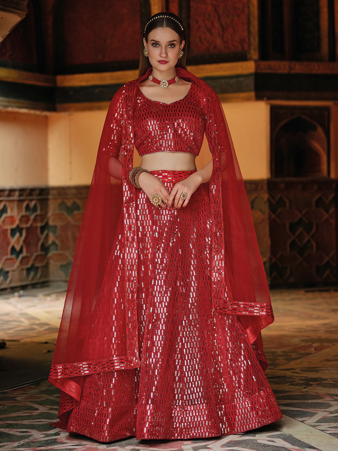 

ODETTE Embellished Sequinned Semi-Stitched Lehenga & Unstitched Blouse With Dupatta, Red
