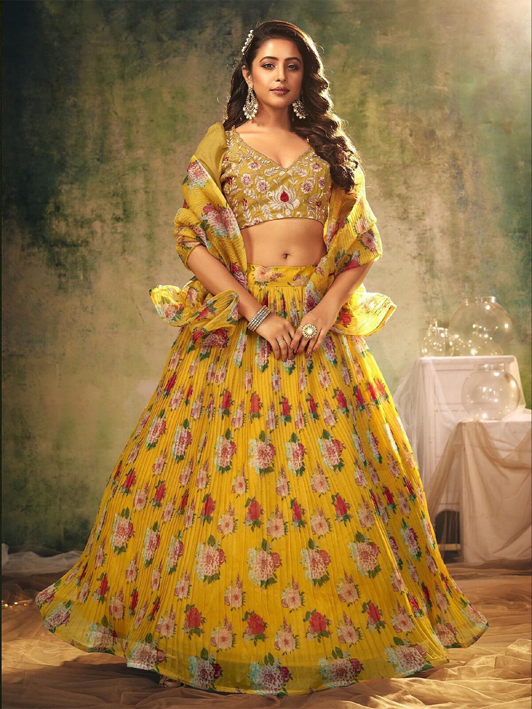 

ODETTE Floral Embroidered Thread Work Semi-Stitched Lehenga Choli With Dupatta, Yellow