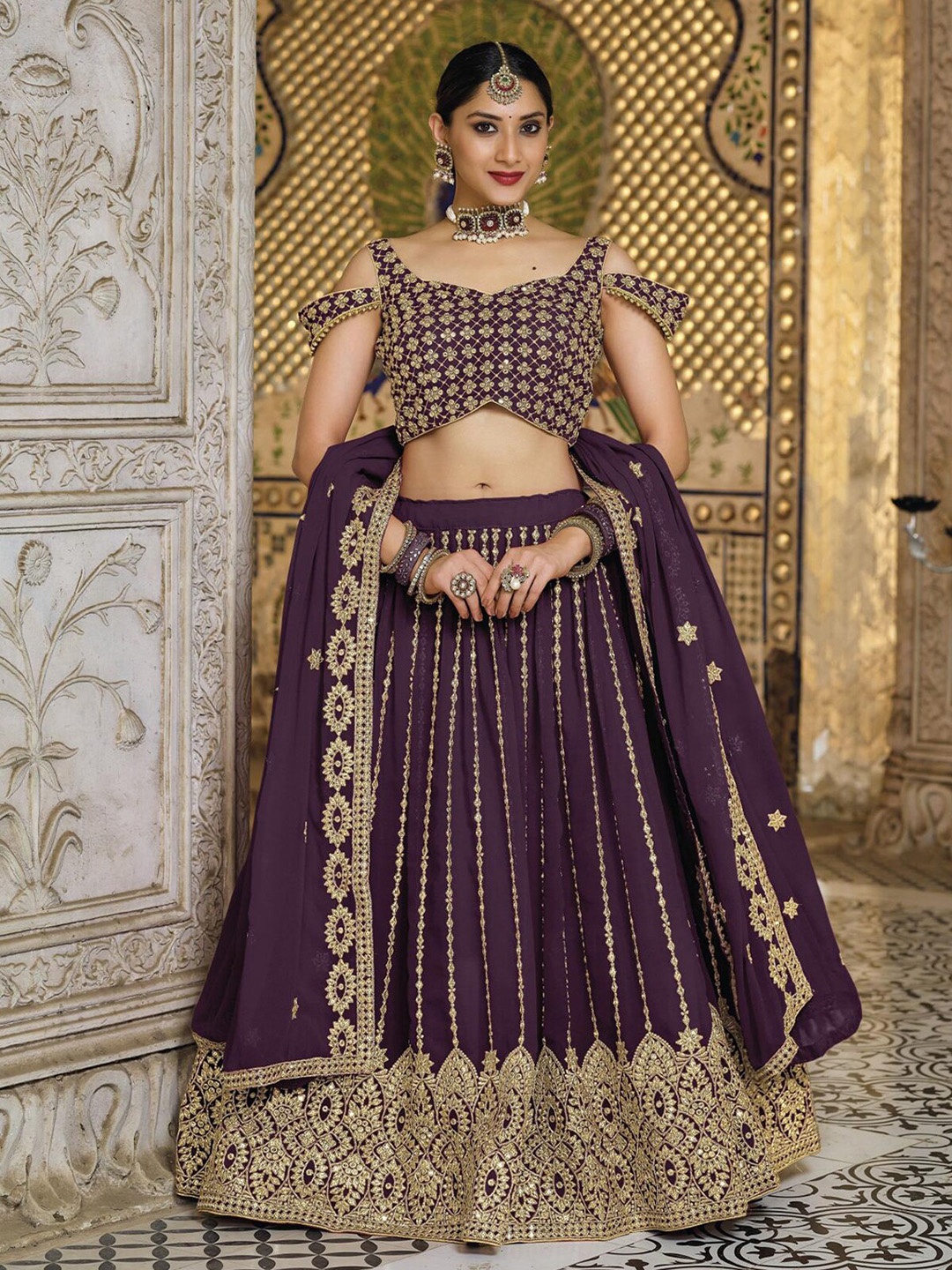 

ODETTE Sequinned Embellished Semi-Stitched Lehenga & Unstitched Blouse With Dupatta, Purple