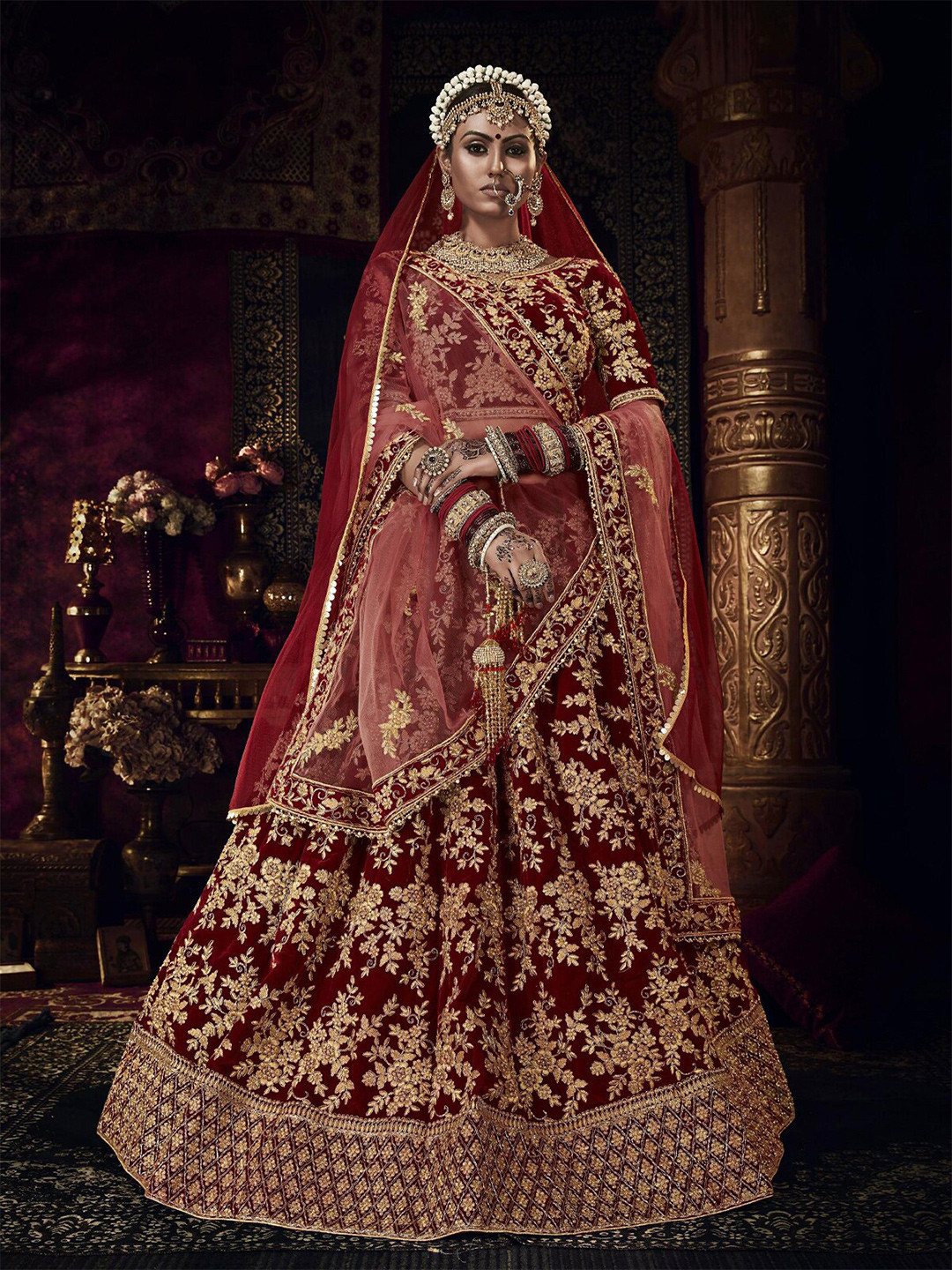 

ODETTE Embroidered Beads And Stones Semi-Stitched Lehenga Choli With Dupatta, Maroon