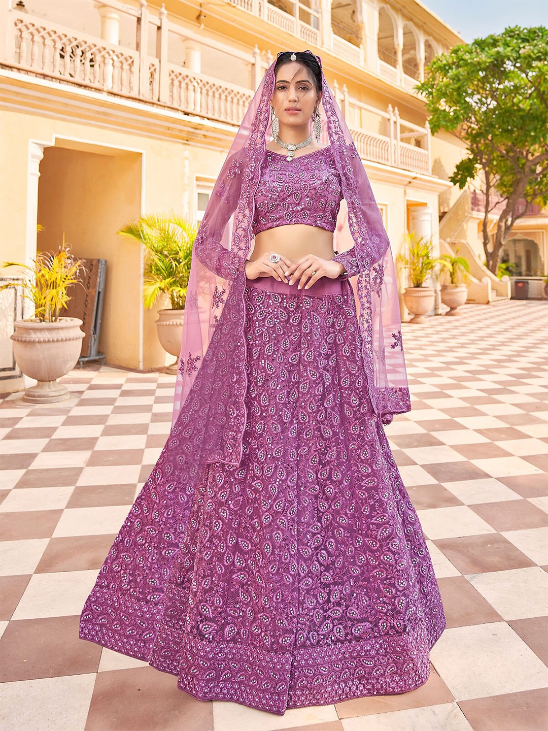 

ODETTE Embroidered Thread Work Semi-Stitched Lehenga & Unstitched Blouse With Dupatta, Purple