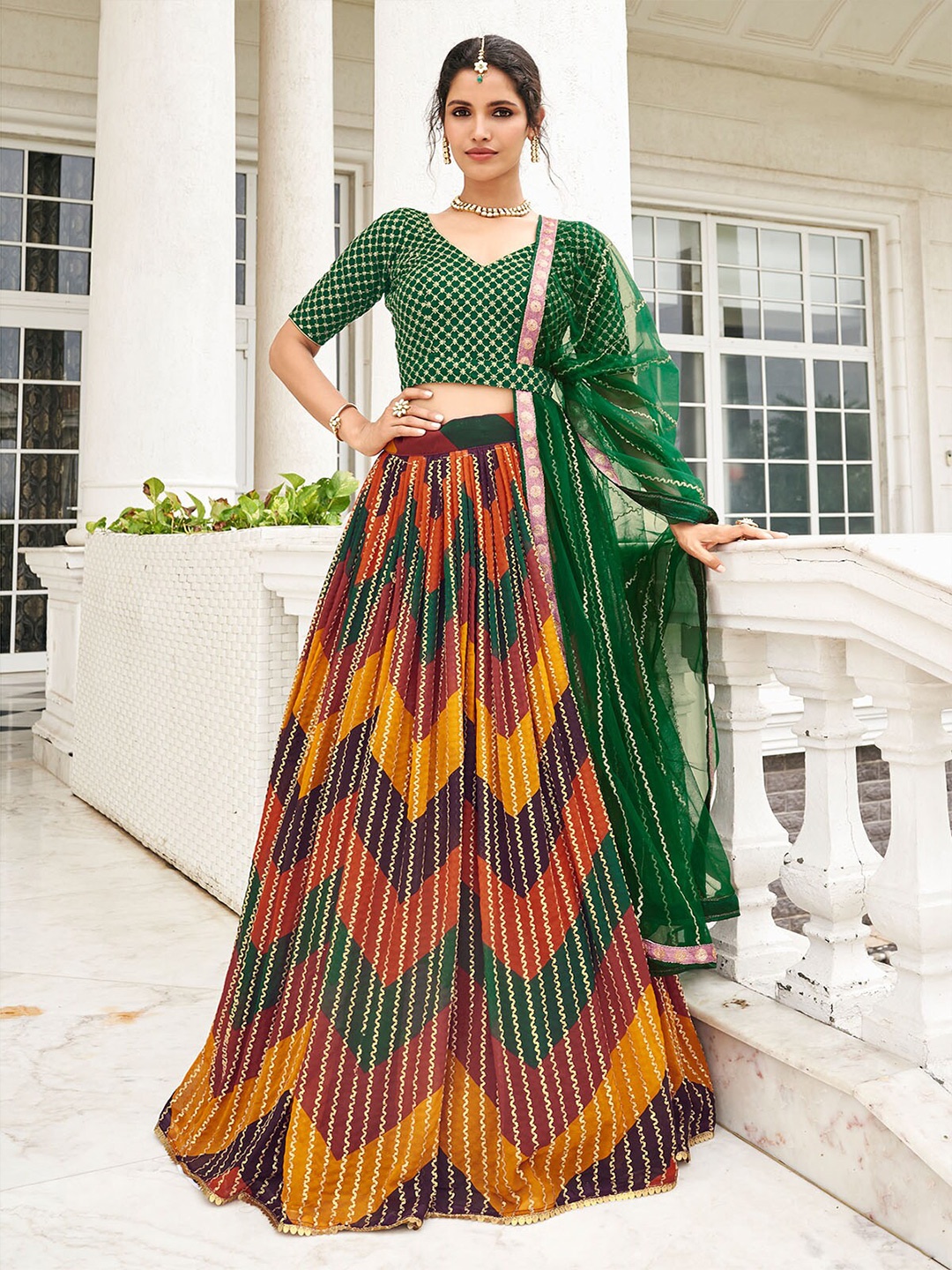 

ODETTE Embroidered Thread Work Semi-Stitched Lehenga & Unstitched Blouse With Dupatta, Green