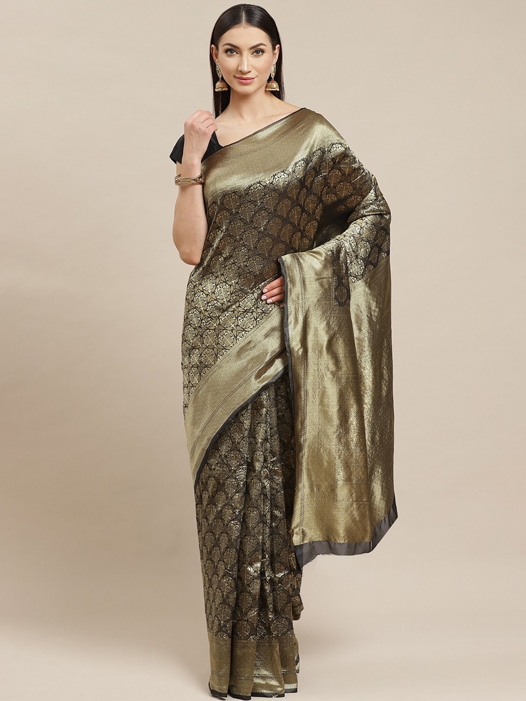 

Shaily Black & Gold-Toned Ethnic Motif Woven Design Zari Saree