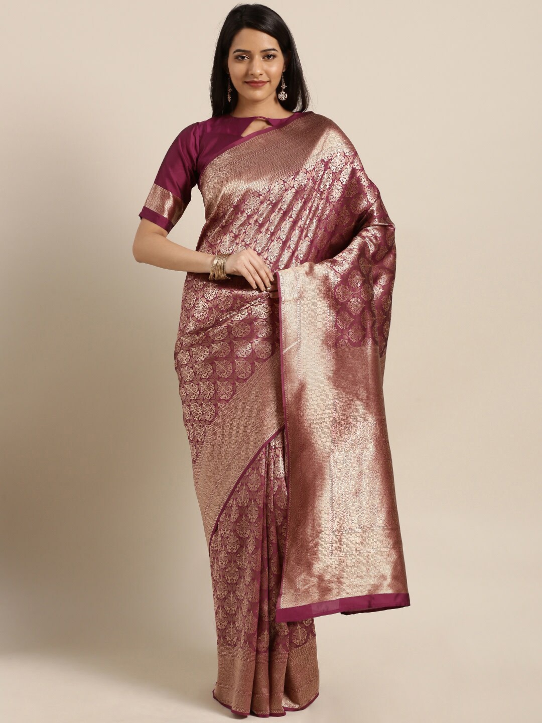 

Shaily Purple & Gold-Toned Ethnic Motif Woven Design Zari Banarasi Saree