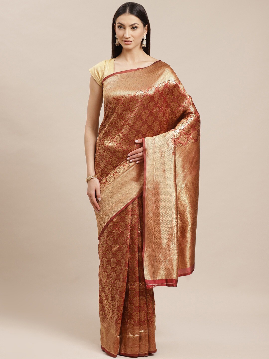 

Shaily Maroon & Gold-Toned Ethnic Motif Woven Design Zari Banarasi Saree