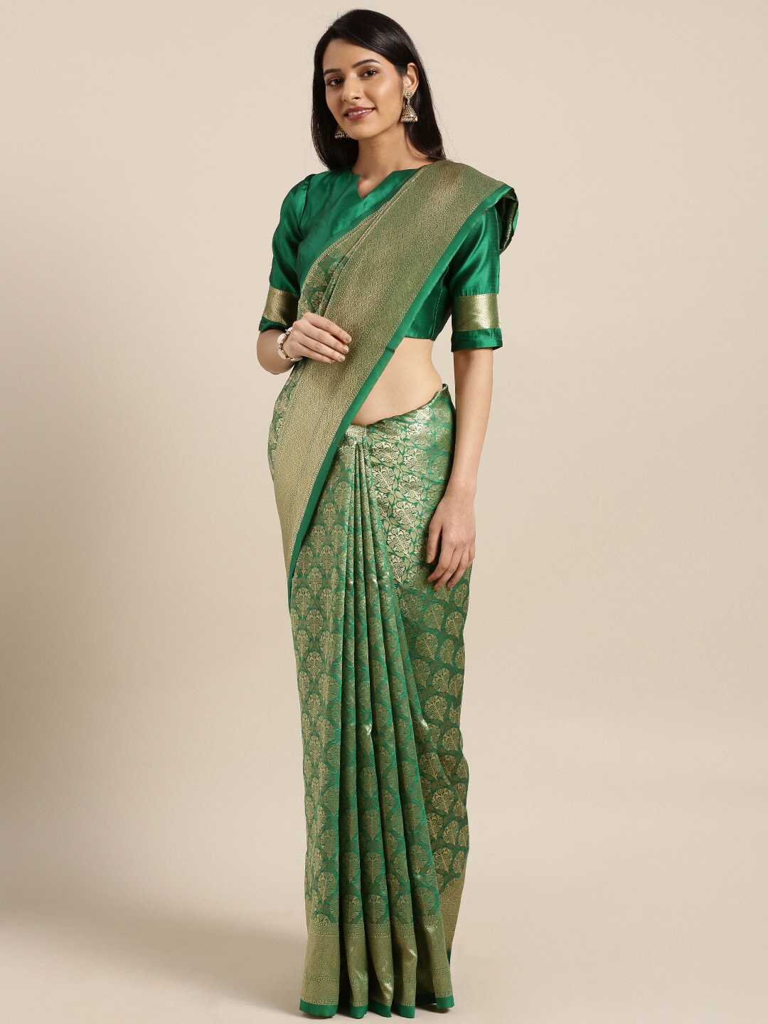 

Shaily Green & Gold-Toned Ethnic Motif Woven Design Zari Saree