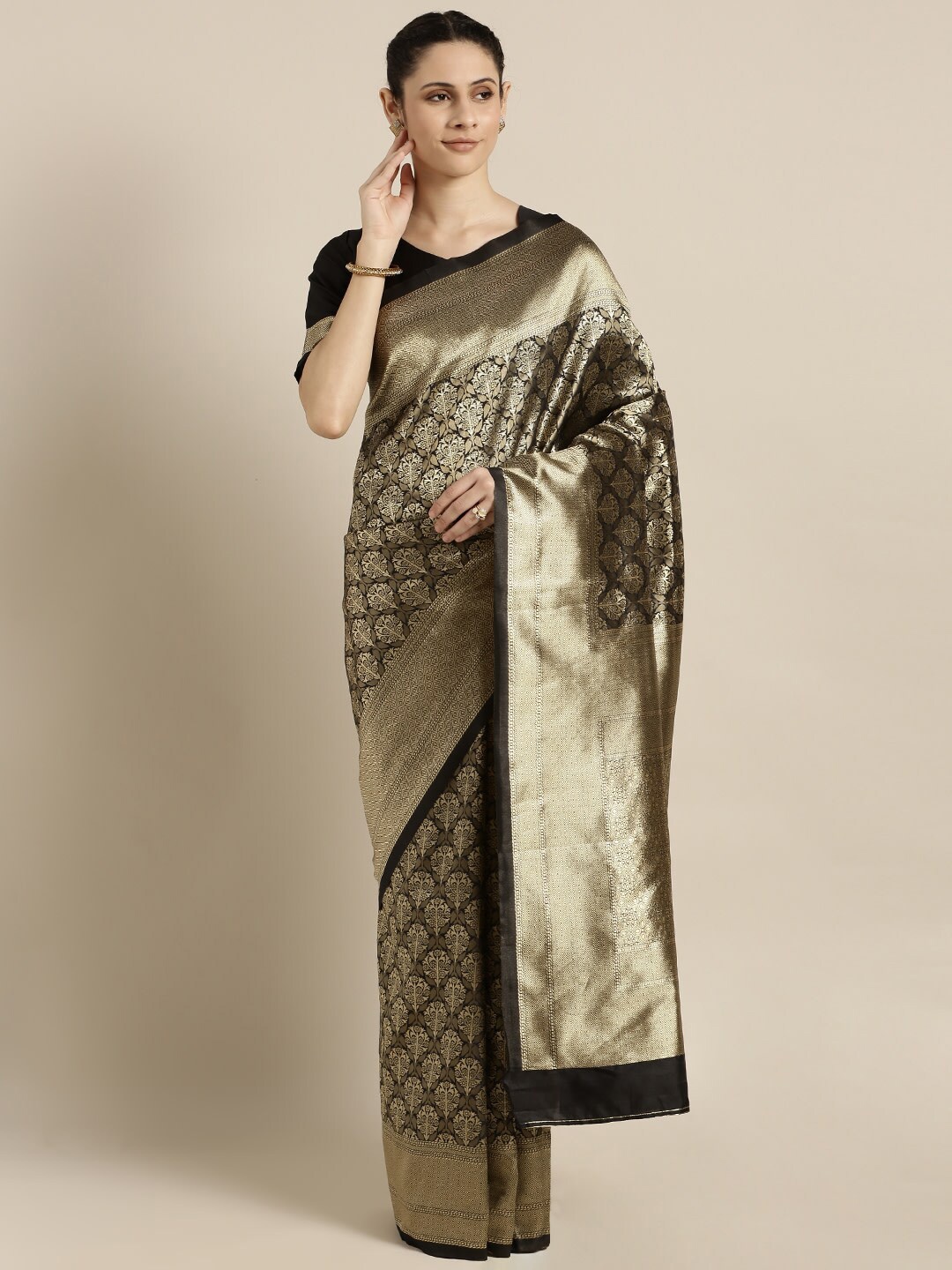 

Shaily Black & Gold-Toned Ethnic Motif Woven Design Zari Saree