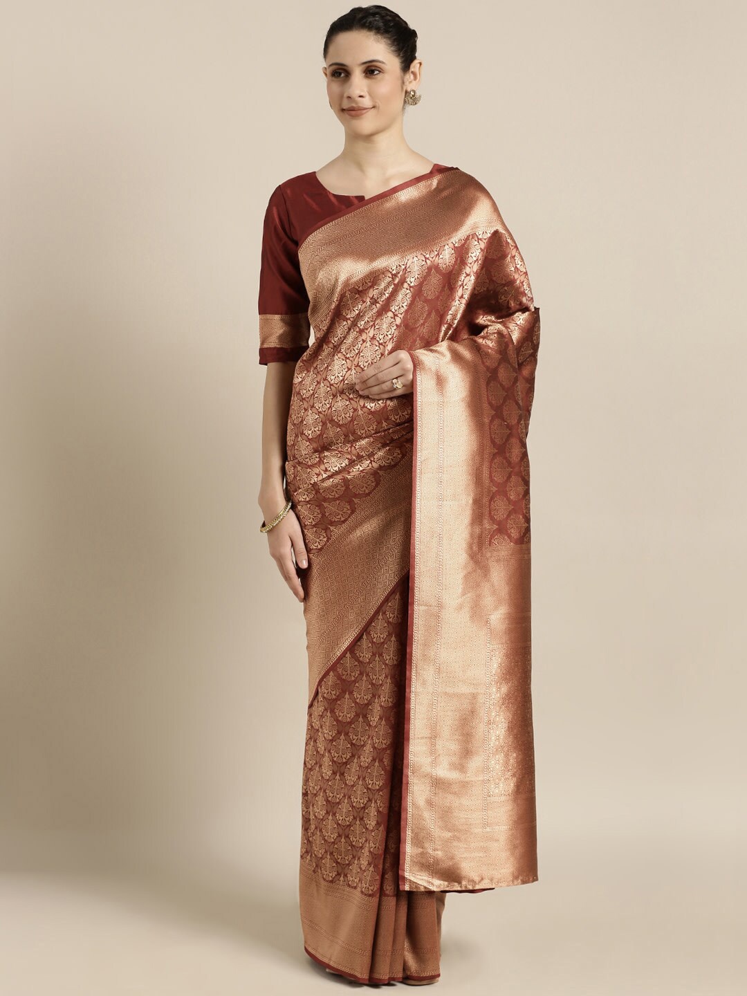 

Shaily Maroon & Gold-Toned Ethnic Motif Woven Design Zari Banarasi Saree