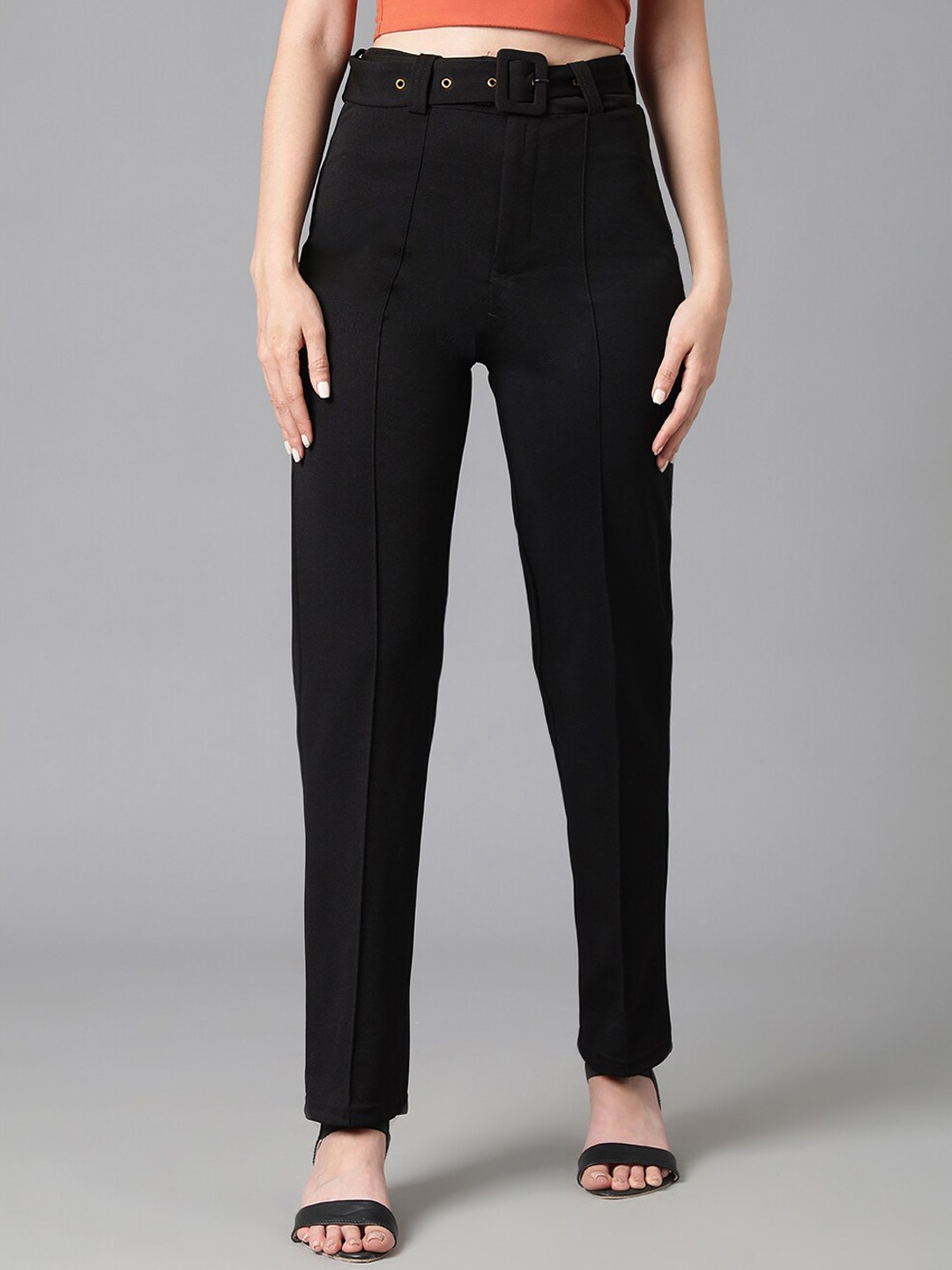 

Kotty Women Black Relaxed Straight Leg High-Rise Easy Wash Trousers Comes With Belt