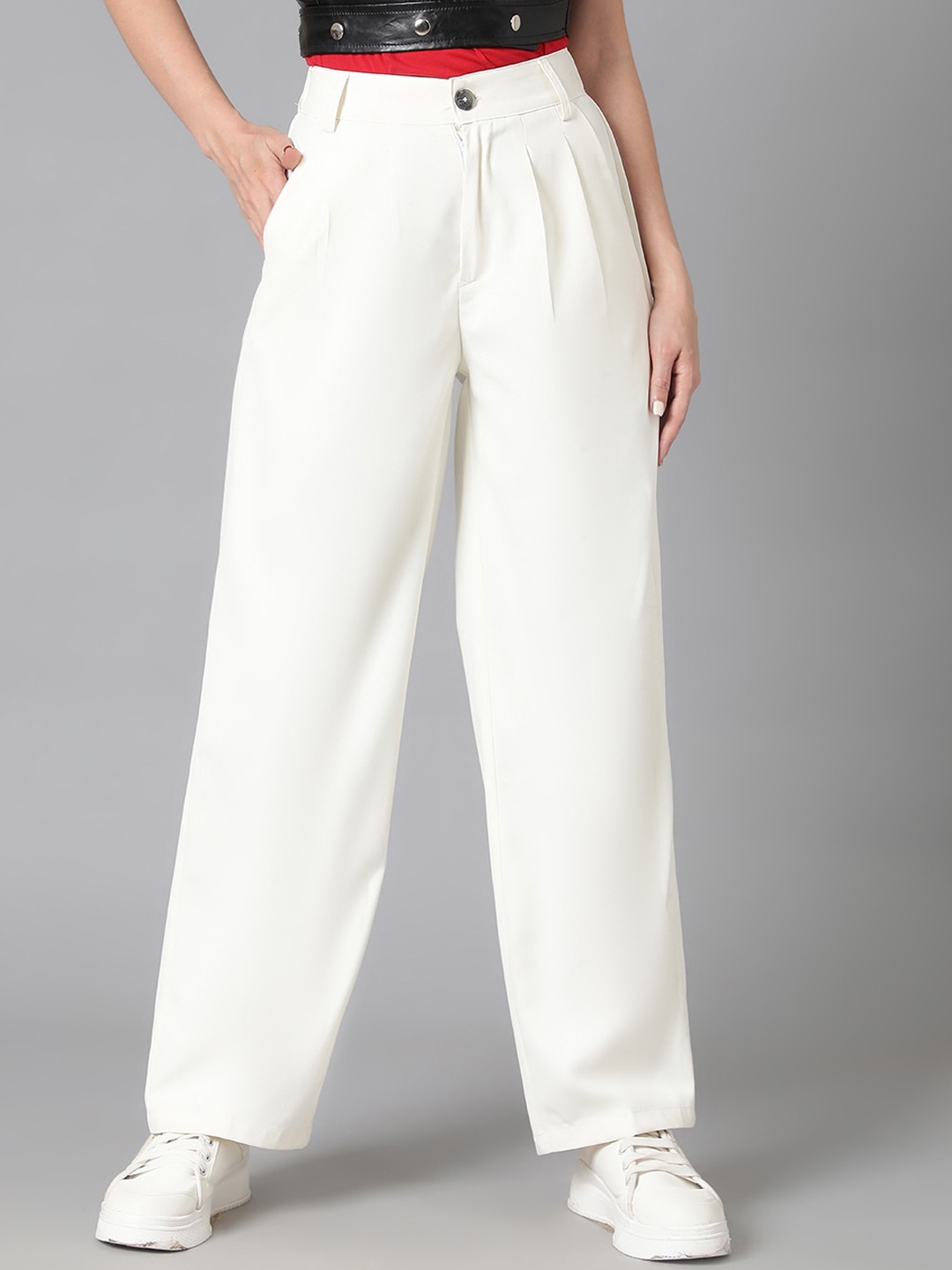 

Kotty Women White Relaxed Straight Leg Straight Fit High-Rise Easy Wash Pleated Trousers