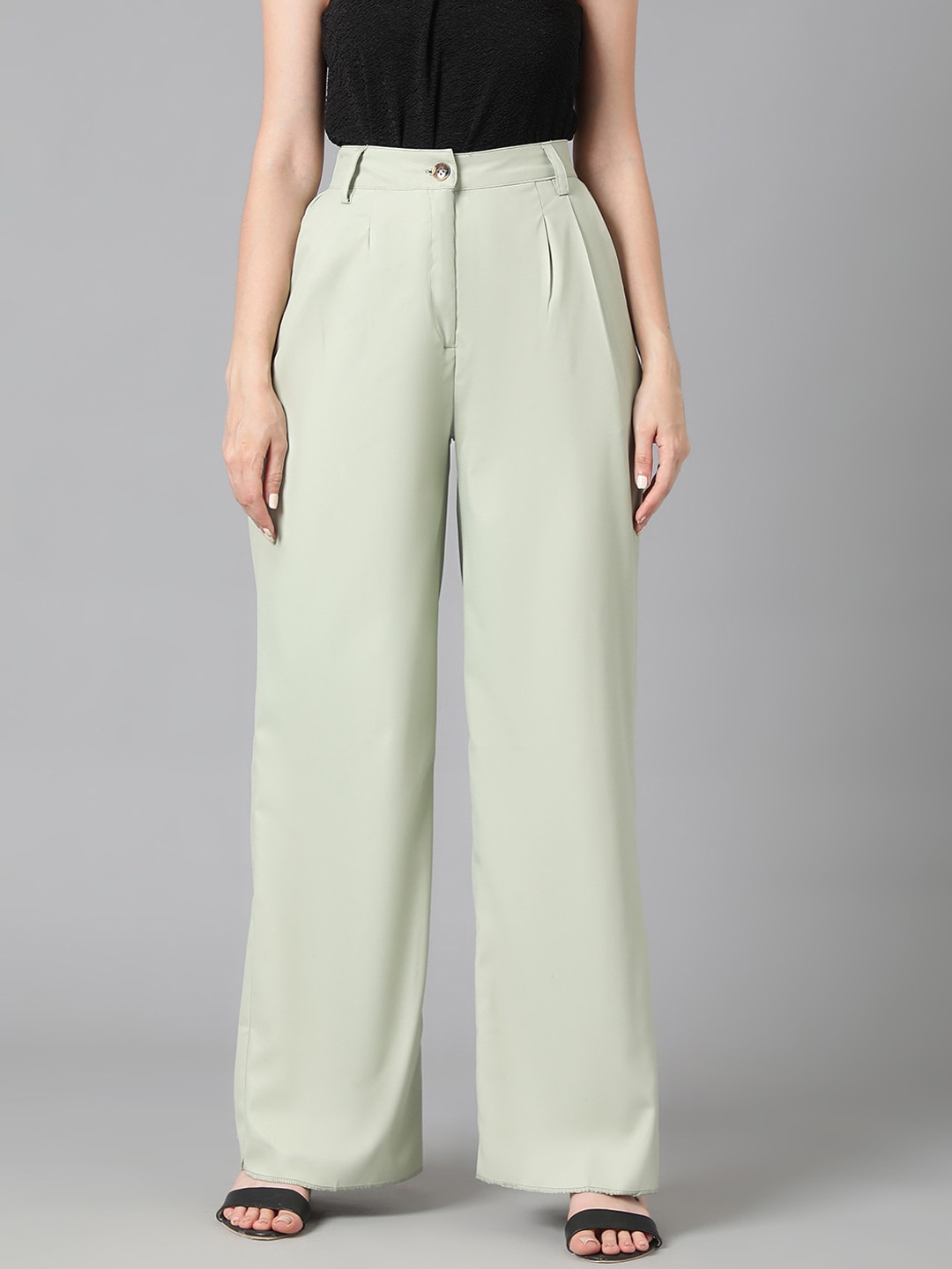 

Kotty Women Green Relaxed Straight Leg High-Rise Easy Wash Pleated Trousers