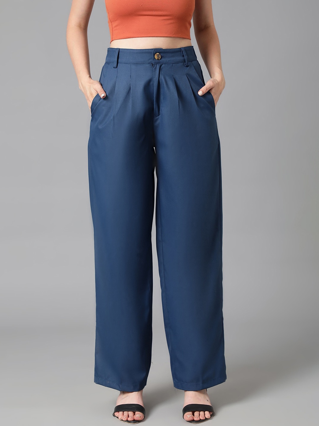 

Kotty Women Navy Blue Relaxed Straight Leg High-Rise Easy Wash Pleated Trousers