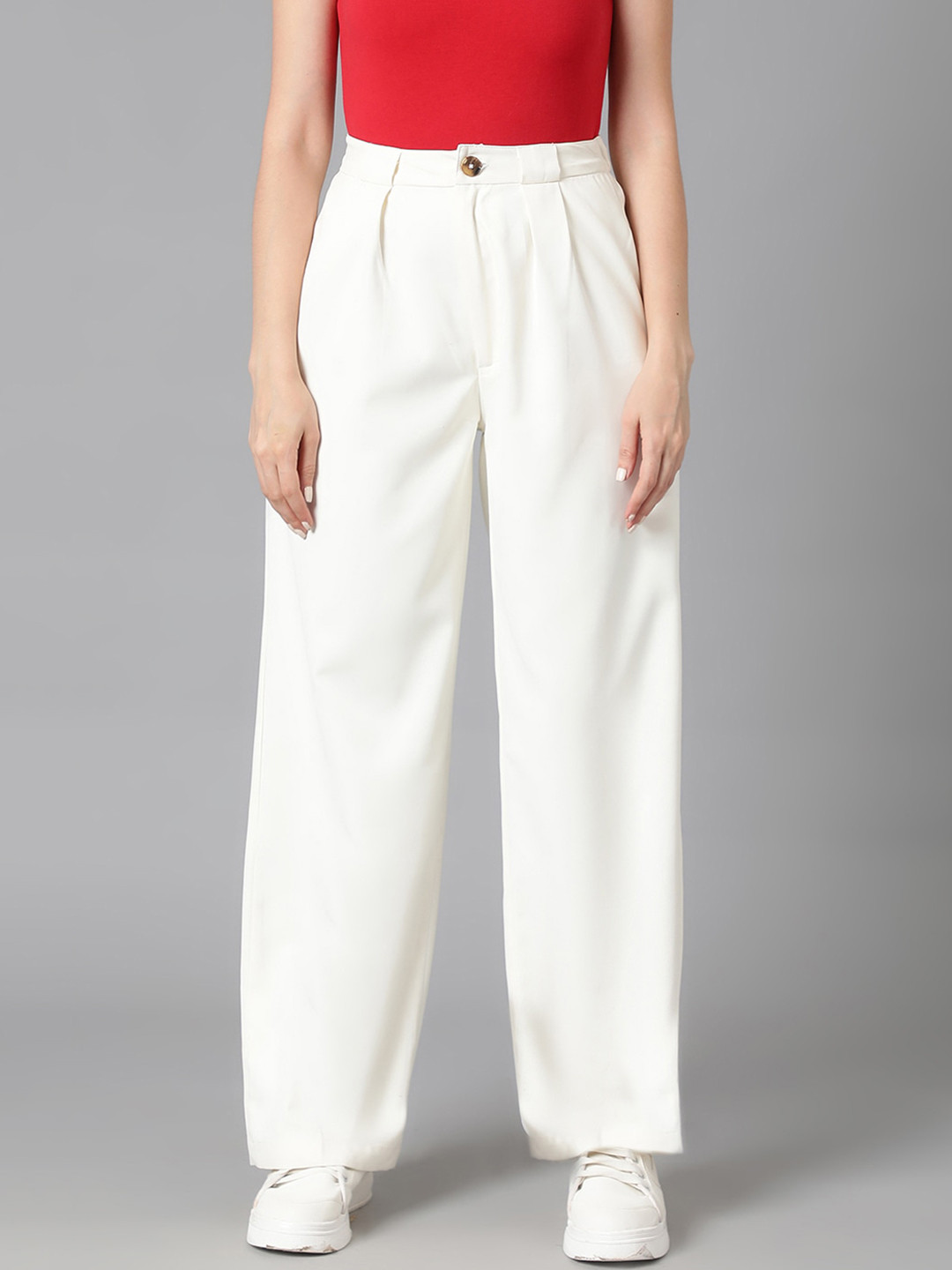 

Kotty Women White Relaxed Straight Leg High-Rise Easy Wash Pleated Parallel Trousers