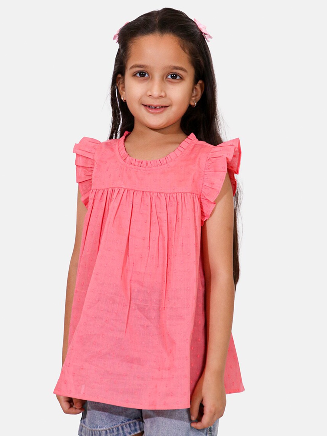 

Whistle & Hops Ruffled Neck Flutter Sleeves A-Line Pure Cotton Top, Pink