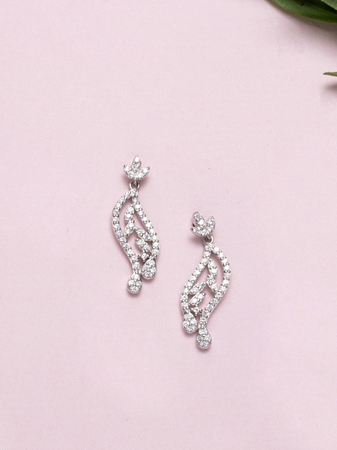 

Zavya Rhodium-Plated Cubic Zirconia Studded Leaf Shaped Drop Earrings, Silver