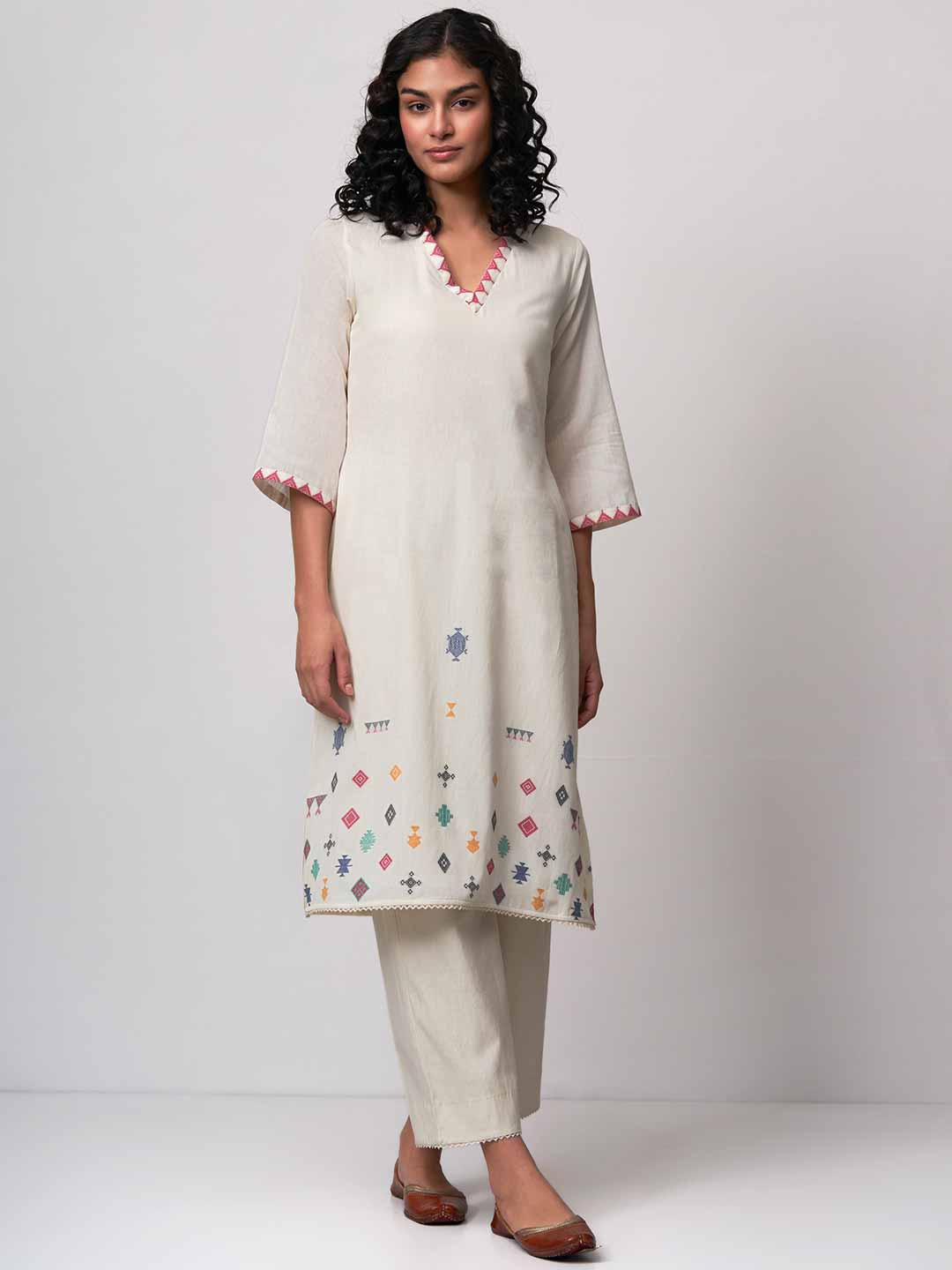 

Ganga Ethnic Motifs Woven Design Pure Cotton Kurta with Palazzos, Off white