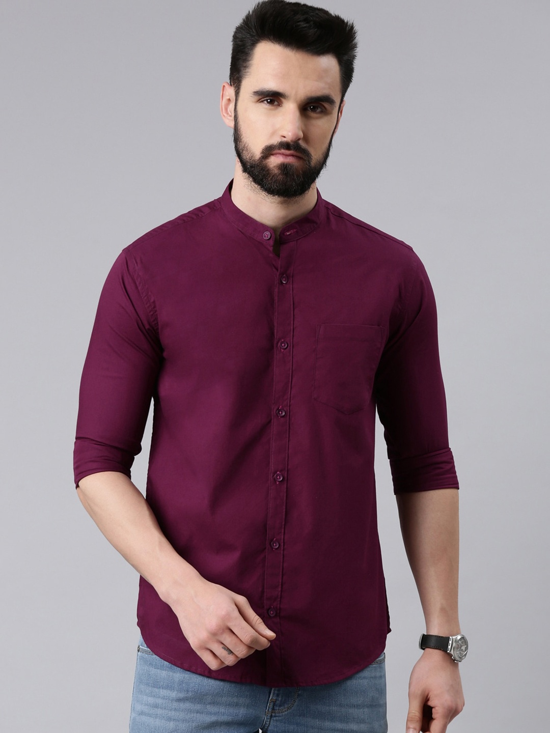 

Kryptic Smart Band Collar Casual Pure Cotton Shirt, Burgundy