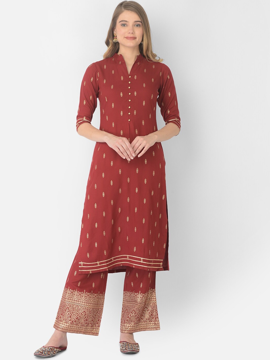 

V TRADITION Floral Printed Kurta With Trousers, Red