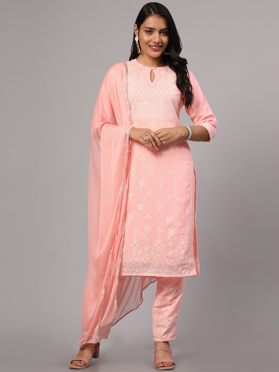 

V TRADITION Ethnic Motifs Printed Kurta With Trousers & Dupatta, Pink