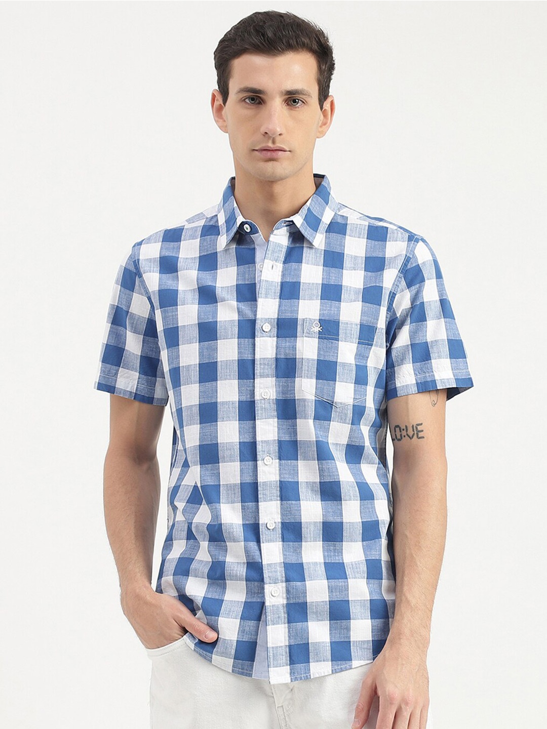 

United Colors of Benetton Slim Fit Gingham Checked Cotton Casual Shirt, Blue
