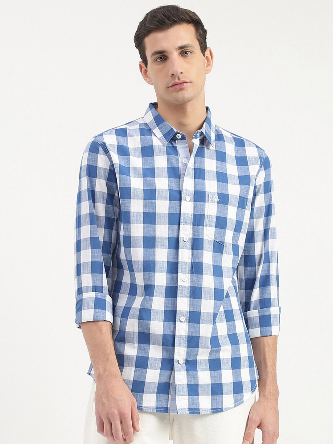 

United Colors of Benetton Slim Fit Gingham Checked Cotton Casual Shirt, Blue