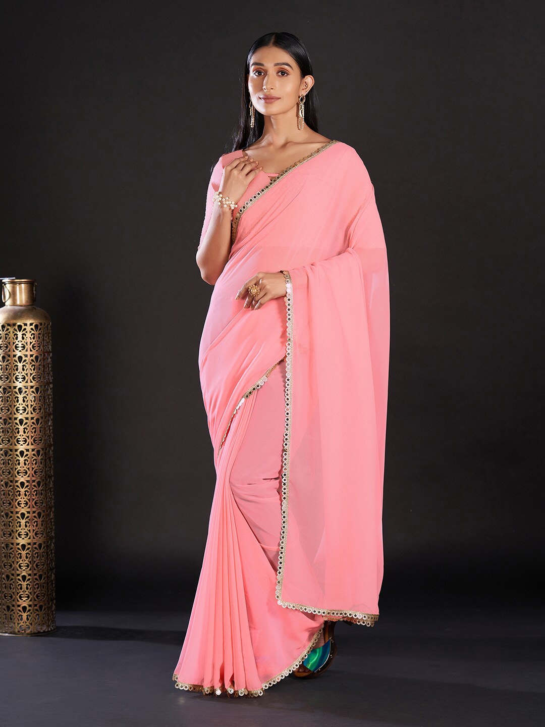 

Mitera Pink Gold-Toned Mirror Worked Poly Georgette Saree