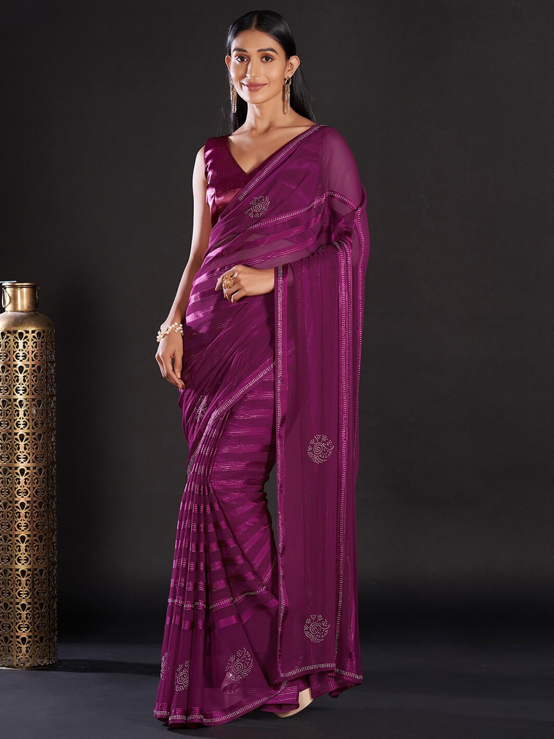 

Mitera Purple & Silver-Toned Striped Embellished Pure Georgette Saree