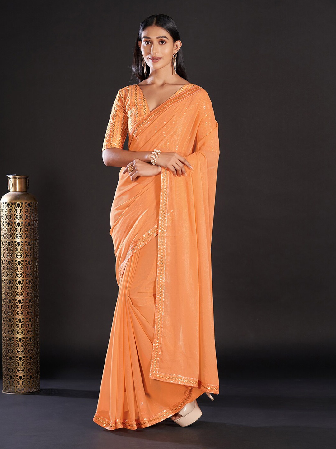 

Mitera Orange Gold-Toned Poly Georgette Saree