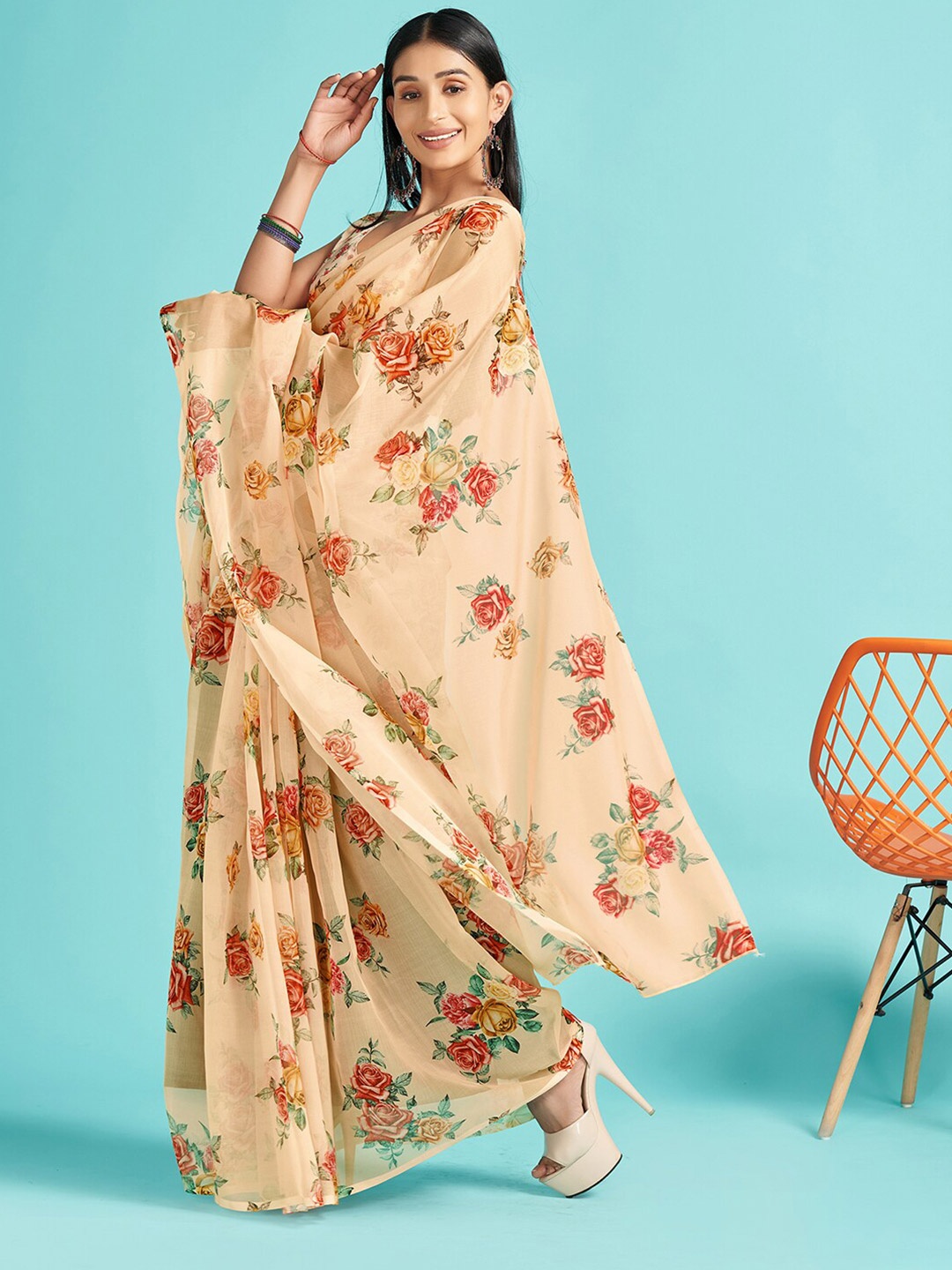 

Mitera Cream-Coloured & Red Floral Printed Organza Saree