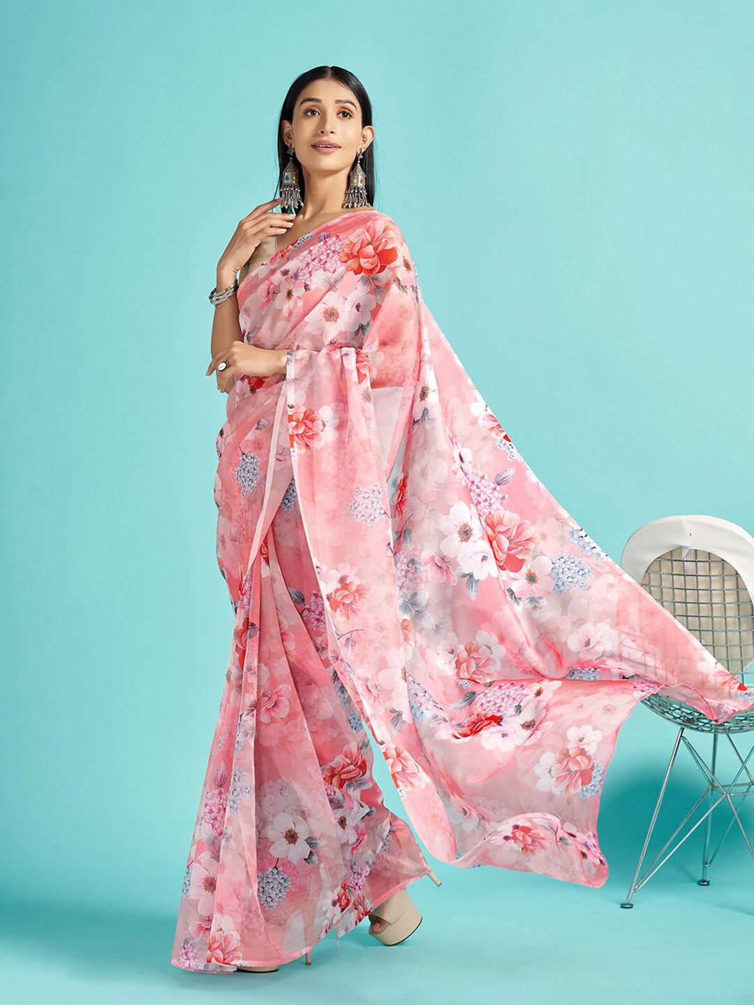 

Mitera Pink & Blue Floral Printed Organza Saree