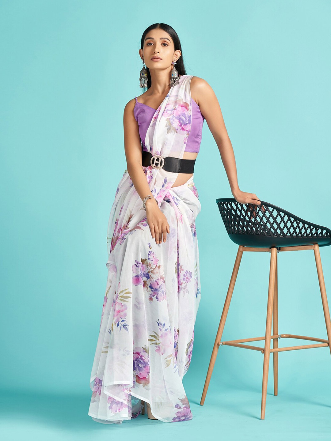 

Mitera White & Purple Floral Printed Organza Saree