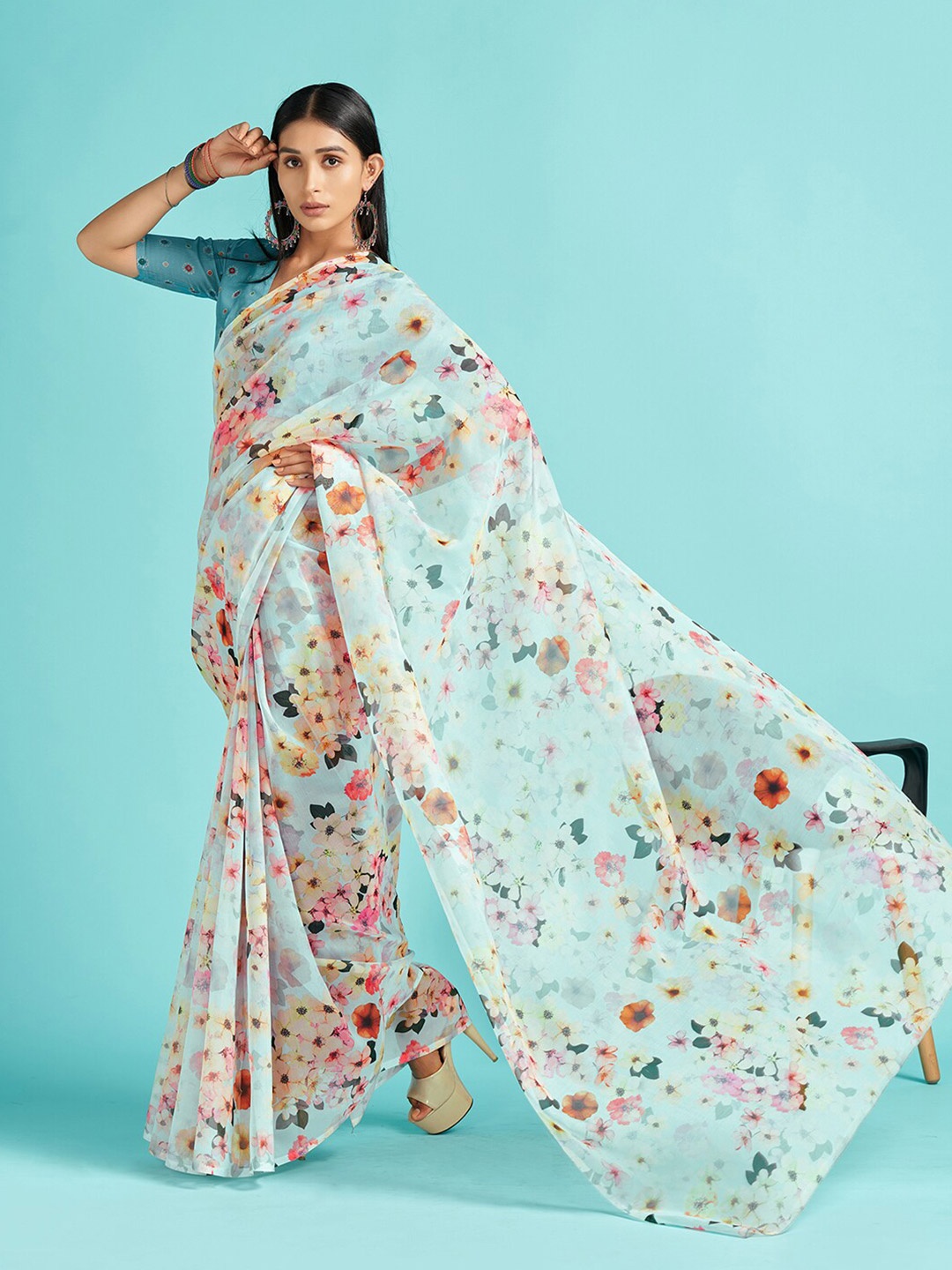 

Mitera Blue & Orange Floral Printed Organza Saree