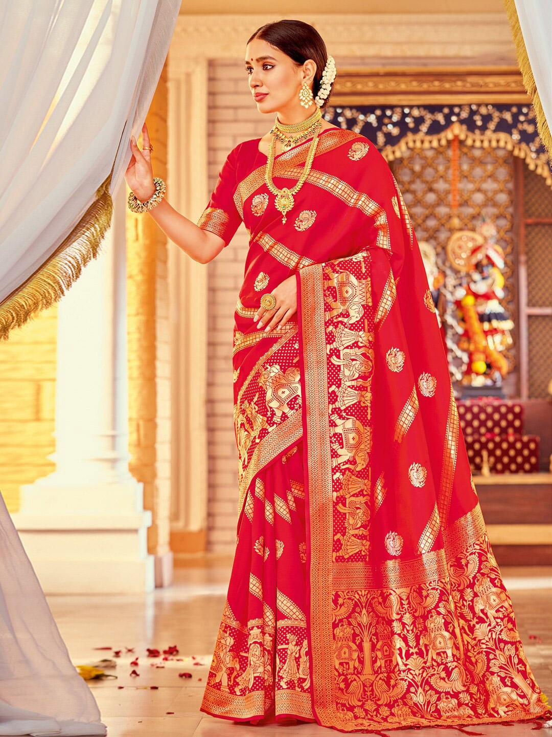 

Mitera Red & Gold-Toned Ethnic Motif Woven Design Zari Banarasi Saree