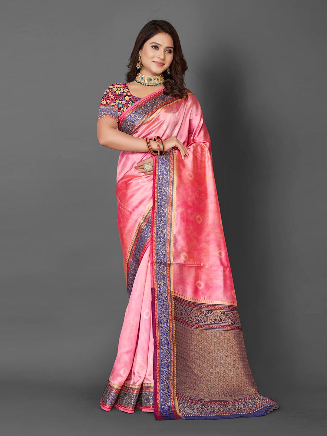 

Mitera Pink & Green Tie-Dye Printed Zari Banarasi Saree