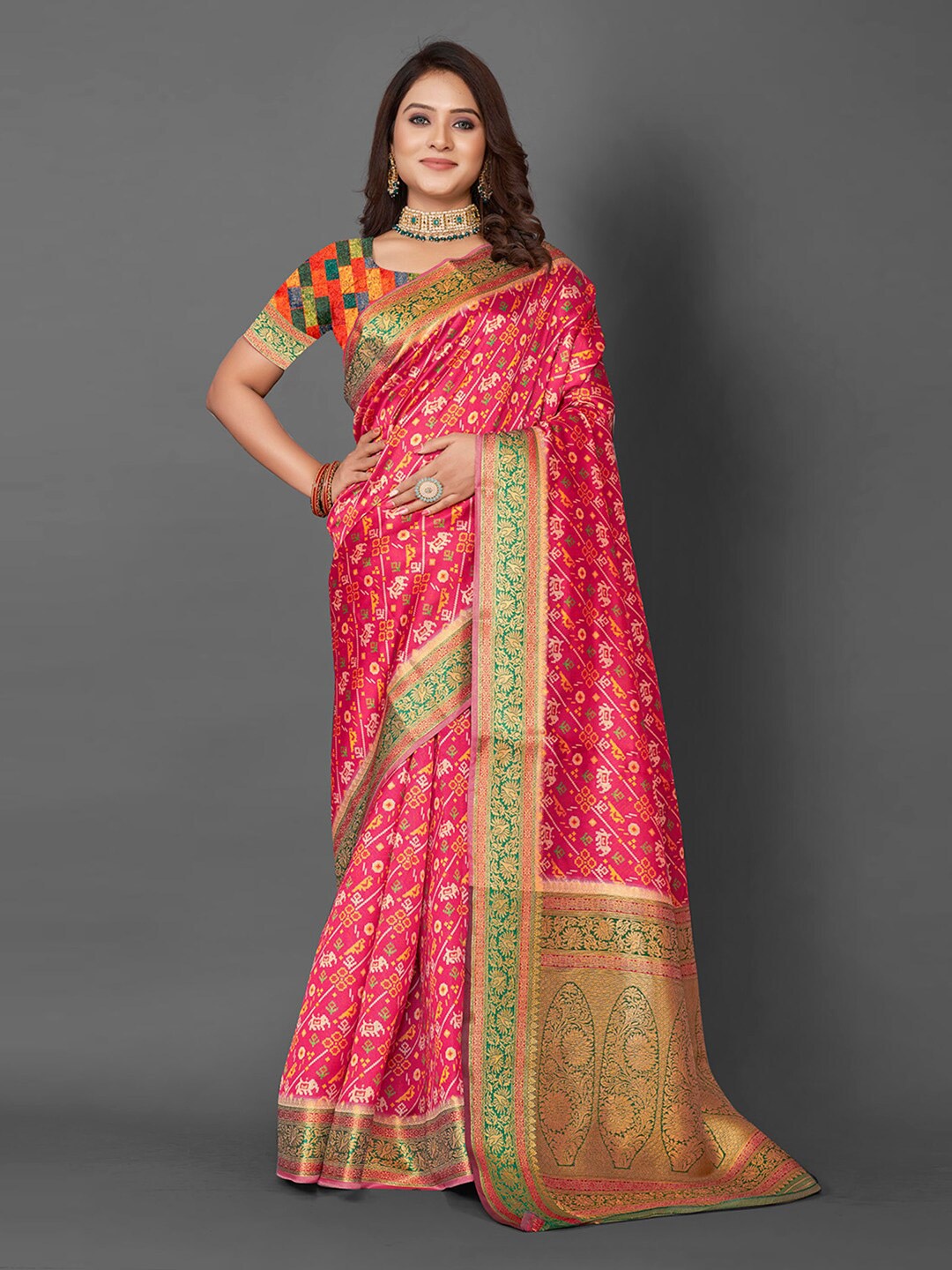 

Mitera Pink & Green Ethnic Motif Woven Design Zari Patola Saree