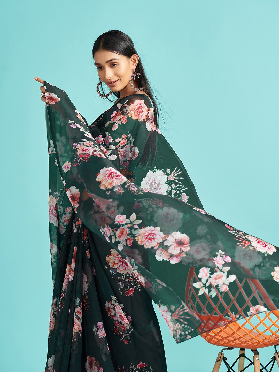 

Mitera Green & Blue Floral Printed Organza Saree