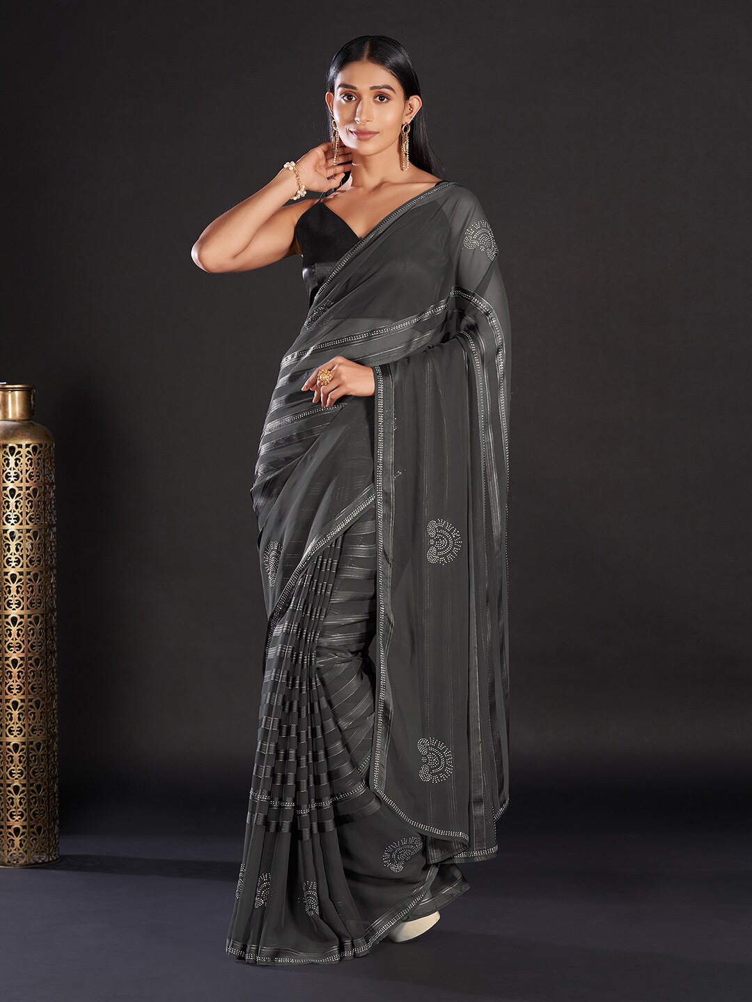 

Mitera Grey & Silver-Toned Striped Embellished Pure Georgette Saree
