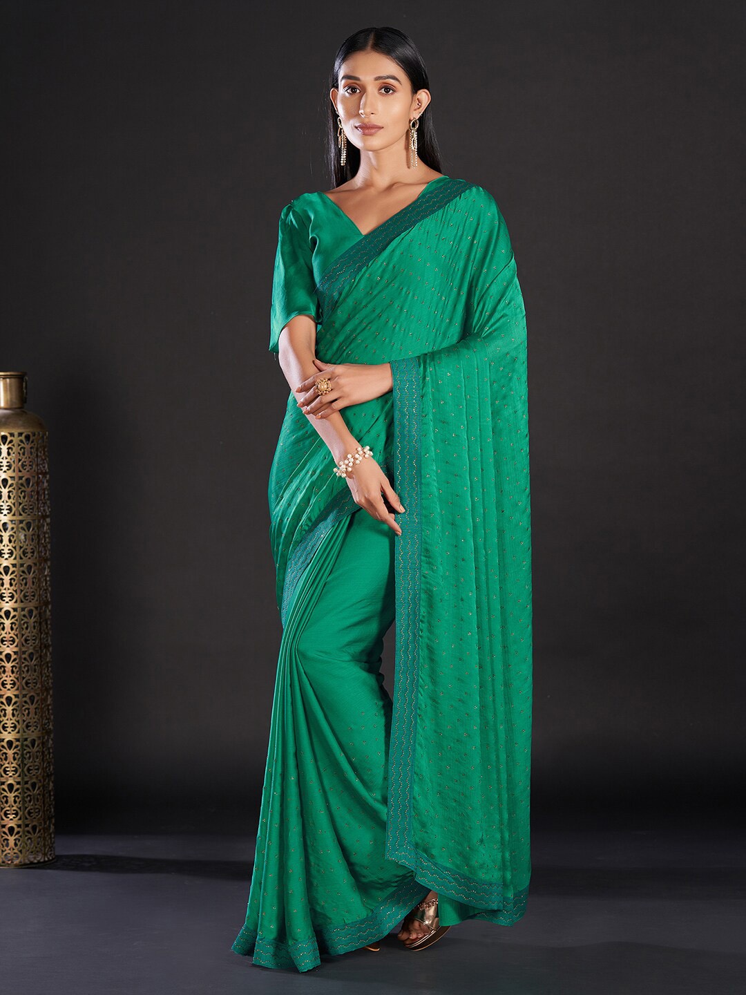 

Mitera Sea Green & Gold-Toned Beads and Stones Embellished Satin Saree