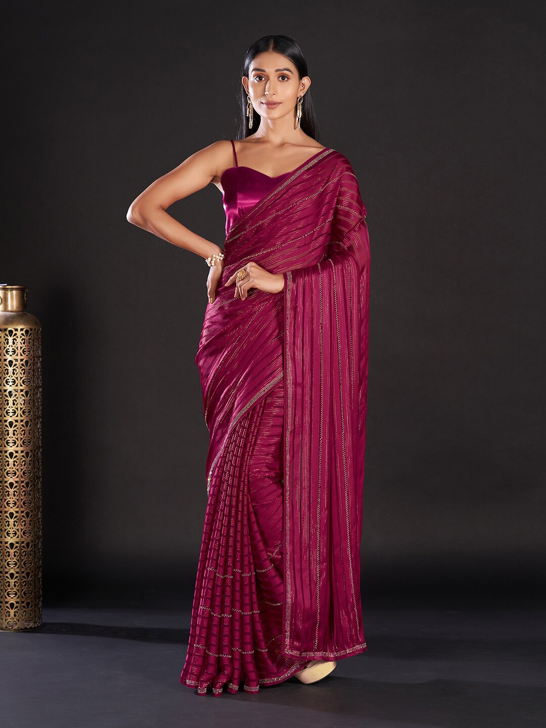 

Mitera Purple & Silver-Toned Striped Embellished Pure Georgette Saree