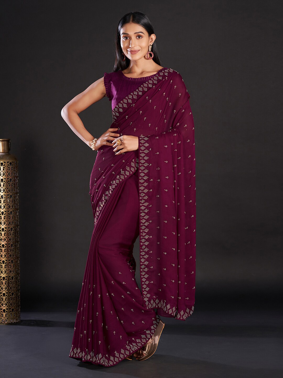 

Mitera Purple & Gold-Toned Embellished Satin Saree