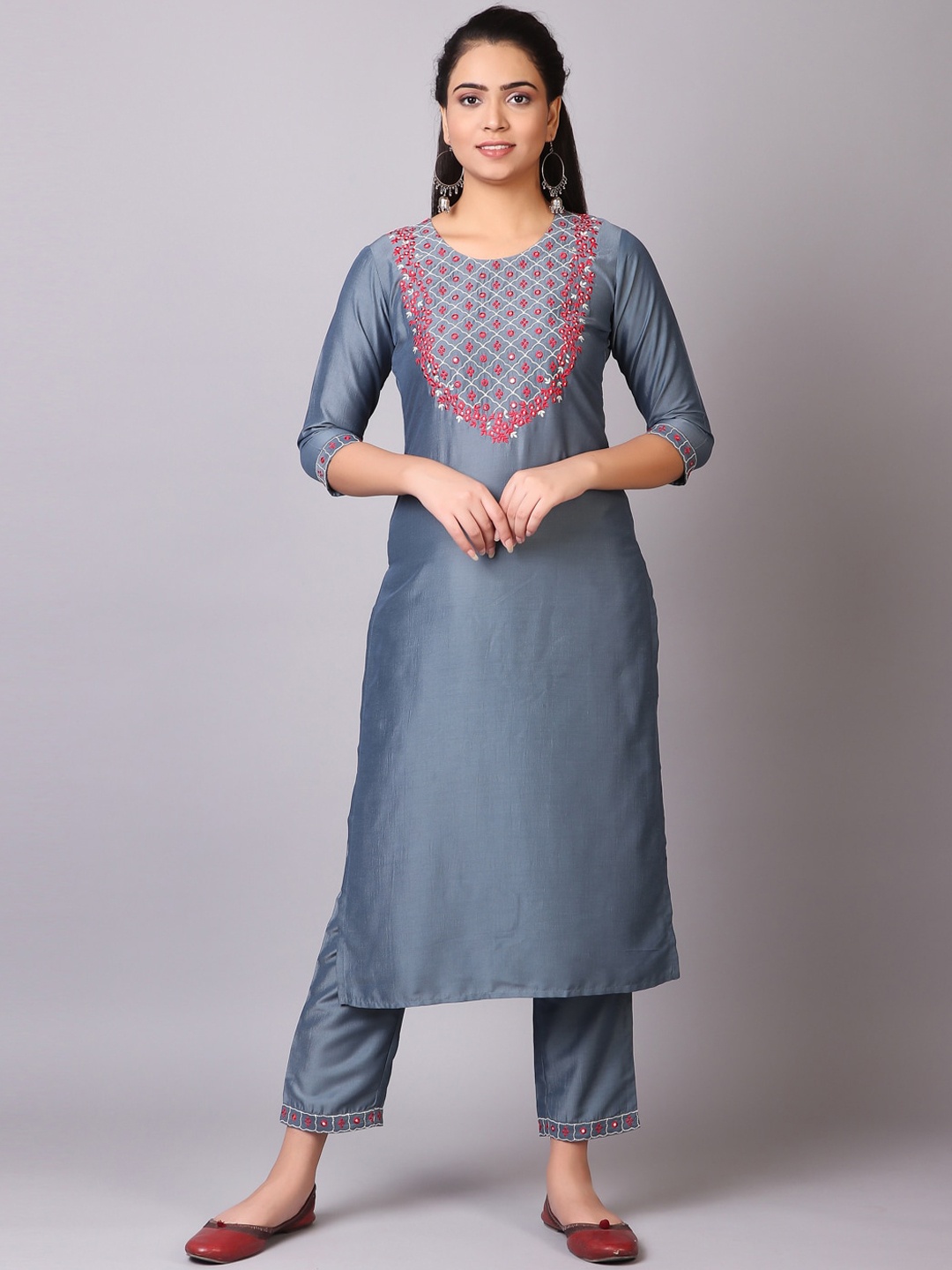 

V TRADITION Floral Embroidered Mirror Work Kurta With Palazzo & Dupatta, Grey